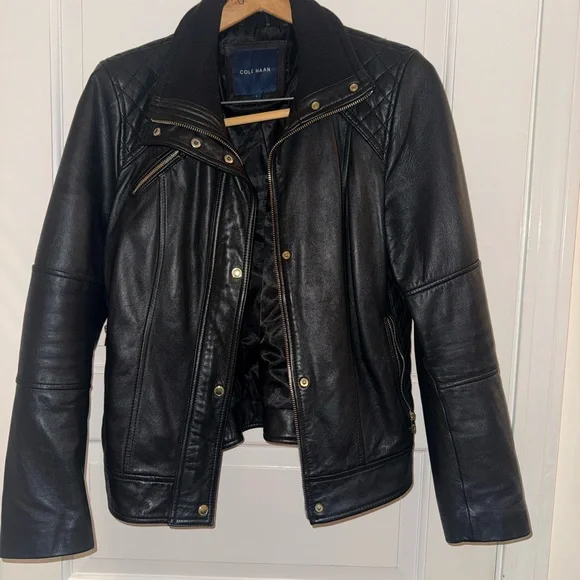 Cole Haan Quilted Moto Black Leather Jacket - Picture 2 of 4